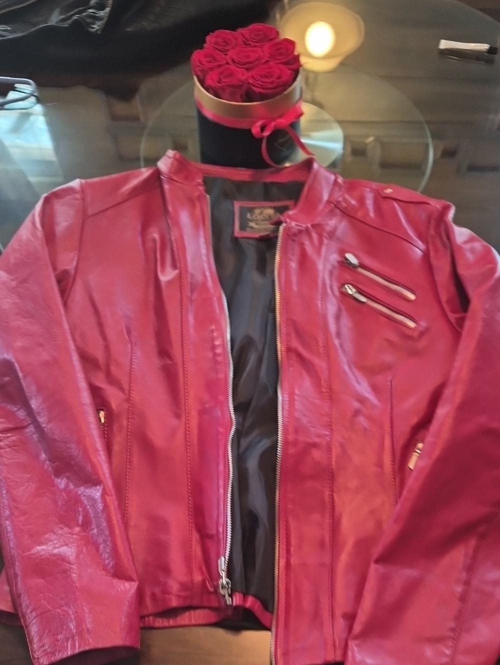 Lolita Red Faux Leather Moto Jacket with Zip Pocket Accents